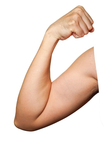 Power-Fitness-Mann Handmale-Arm zeigt Biceps isoliert auf weißem Hintergrund Studio-Aufnahme