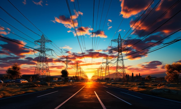 Foto power lines are on both sides of the empty road beautiful blue sky with fluffy clouds at sunset at backdrop