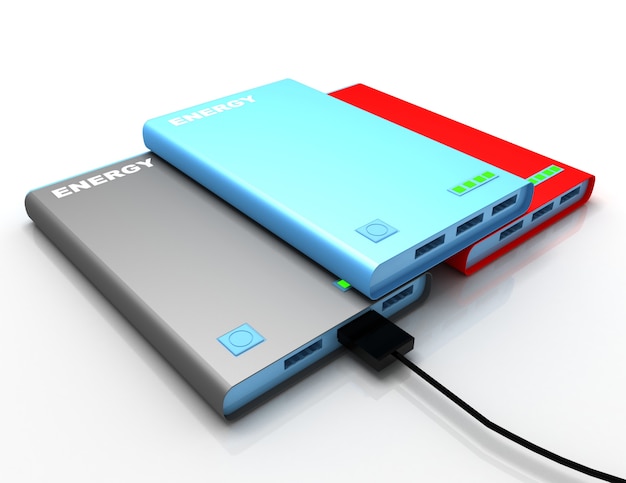 Powerbank com cabo de carregamento. Ilustração renderizada 3D