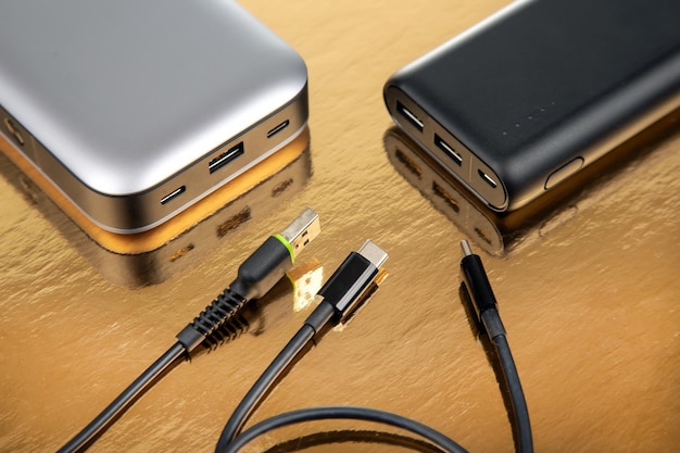 Powerbank portátil sobre un fondo dorado Dispositivos electrónicos para cargar dispositivos y teléfonos inteligentes