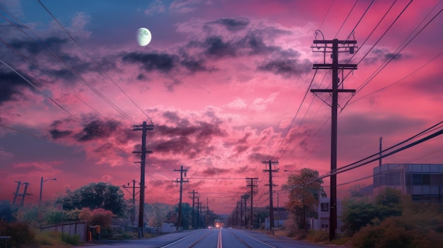 Powerline na rua com bela vista do pôr do sol vibrat color