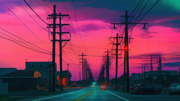 Powerline na rua com bela vista do pôr do sol vibrat color