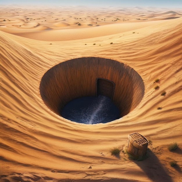 Un pozo de agua en el desierto está rodeado de arena.