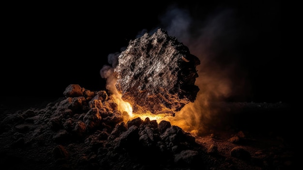 Un pozo de fuego con un fondo negro y humo saliendo de él.