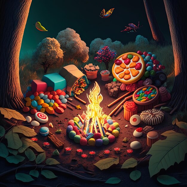 un pozo de fuego con un fuego y una caja de galletas y una cava de galletas