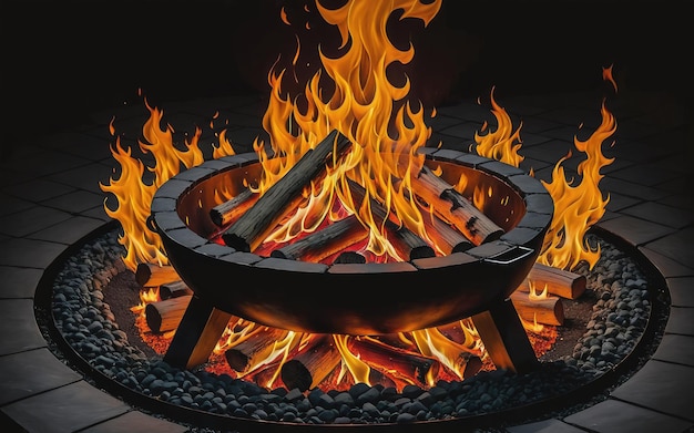 un pozo de fuego con llamas ardiendo en él sobre una superficie oscura con un fondo negro