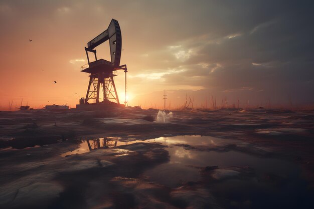 Un pozo de petróleo en un paisaje estéril con un sol poniente