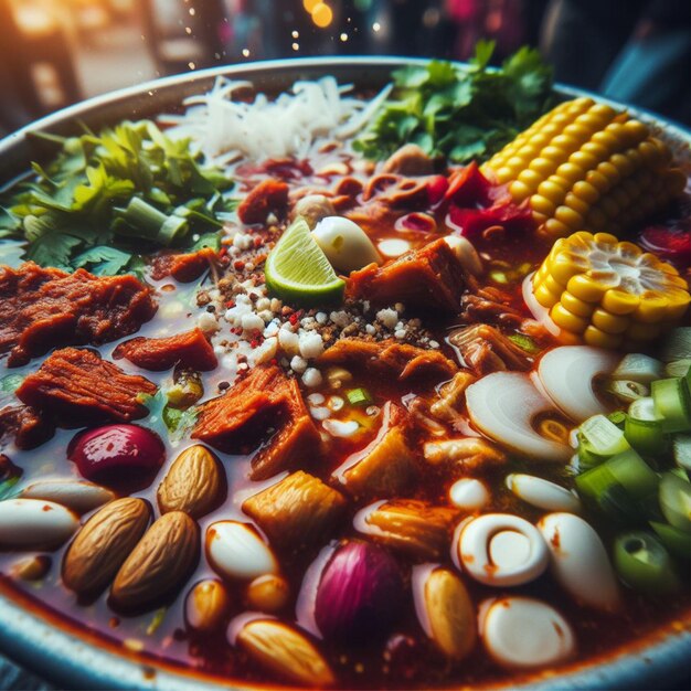 Foto pozole, eine mexikanische suppe in einer street-food-umgebung