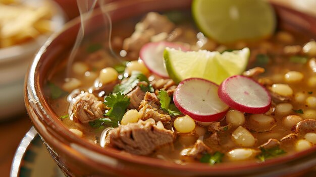 Foto pozole tradicional mexicano servido a vapor com guarnições frescas estilo stock