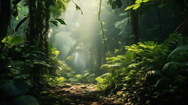 Üppige grüne Vegetation im Dschungel im Morgensonnenlicht