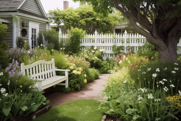 Üppiger Garten mit weißem Lattenzaun und Holzbank