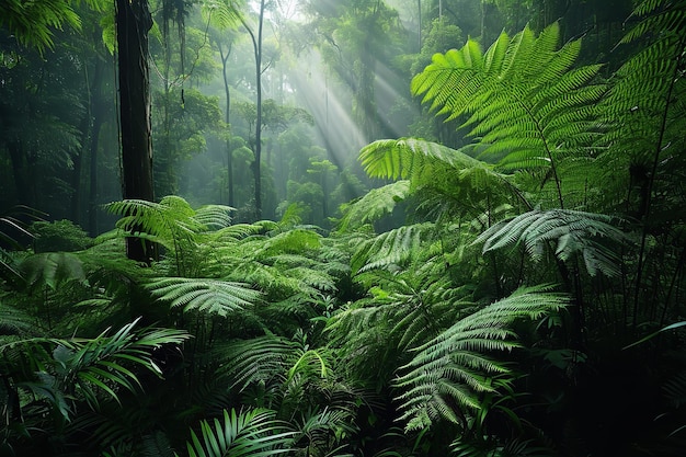 Üppiges Grün, ein tropischer Dschungel, eine ruhige Umgebung. Generative KI