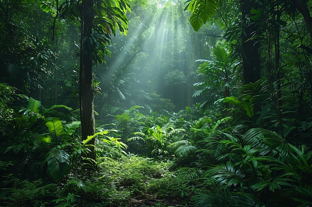Üppiges Grün, ein tropischer Dschungel, eine ruhige Umgebung. Generative KI