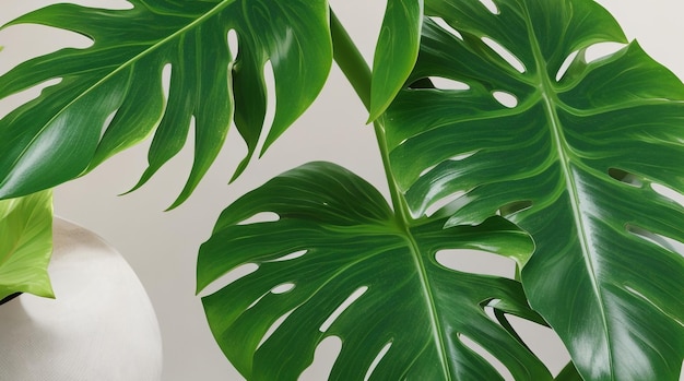 Üppiges Grün tropischer Monstera-Blätter in einem Topf, der sich in strahlendem Licht sonnt