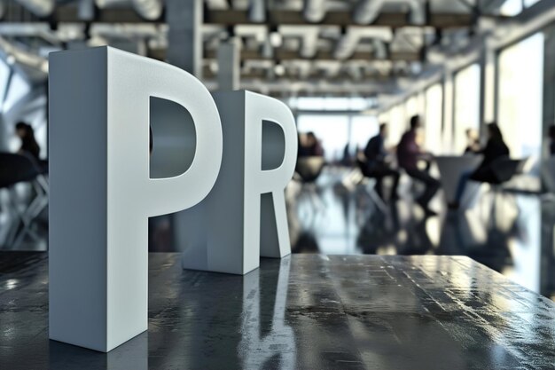 Foto pr-konzept mit 3d-buchstaben pr in einem konferenzraum viele mikrofone und journalisten