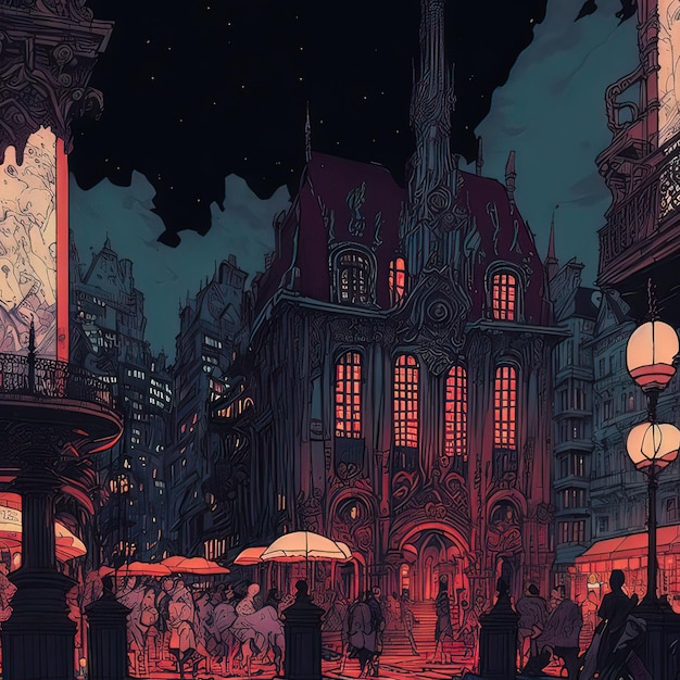 Praça da cidade à noite Pintura de ilustração de estilo de arte digital