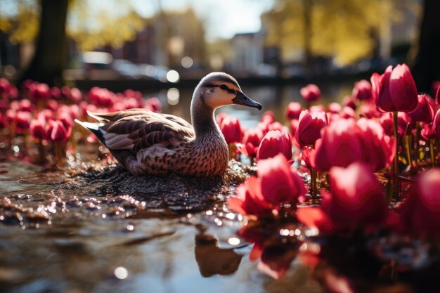 Praça da cidade com assentos de flores e canteiros de flores, crianças e patos em harmonia IA generativa