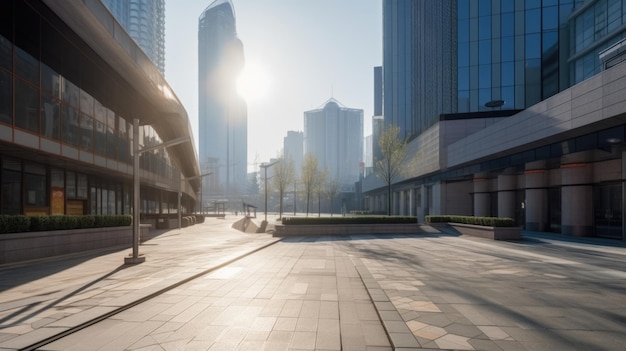 Foto praça da cidade vazia com piso de concreto em frente a prédios de escritórios generative ai aig21