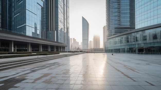 Praça da cidade vazia com piso de concreto em frente a prédios de escritórios pela manhã Generative AI AIG21