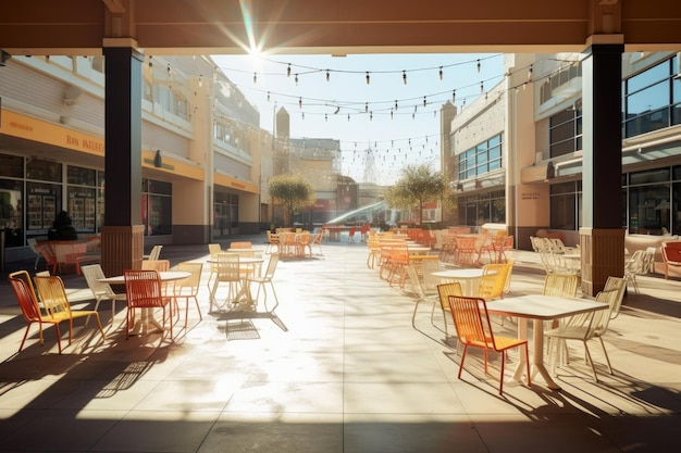 Praça de alimentação vazia e iluminada pelo sol com cadeiras espalhadas criadas com IA generativa