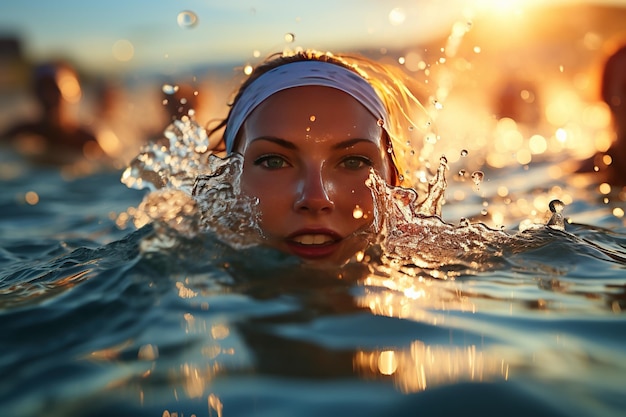 Foto práctica de natación: nadadores pisando el agua mientras se preparan para sus carreras individuales. generado con ia