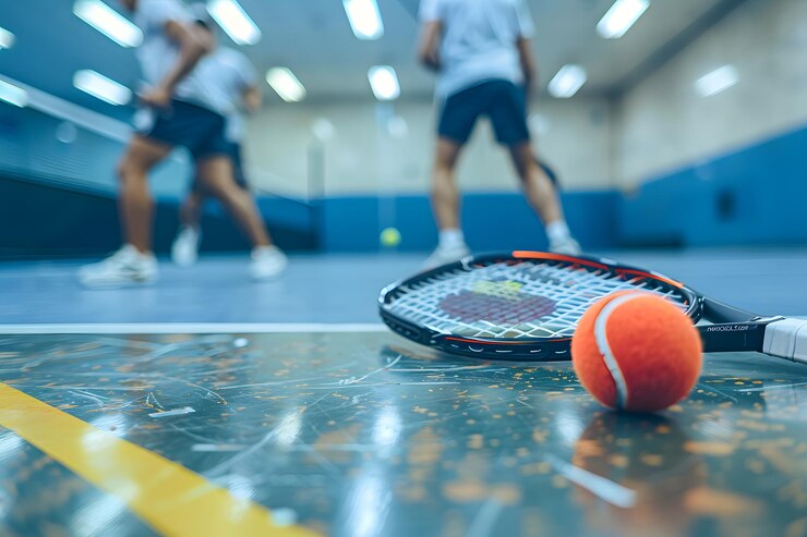 Practica de tenis llena de acción con la raqueta y la pelota en el foco