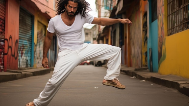 Un practicante de capoeira brasileño con ropa blanca