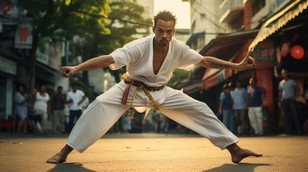 Un practicante de capoeira brasileño con ropa blanca