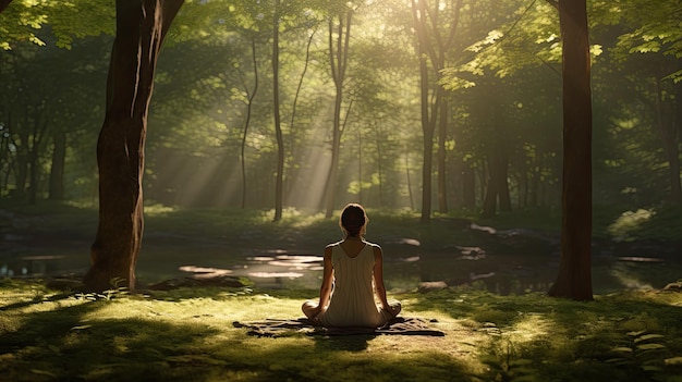Un practicante de yoga en un bosque sereno ultra realista.