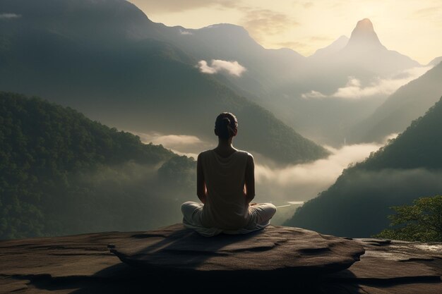 Practicante de yoga en un entorno sereno de montaña