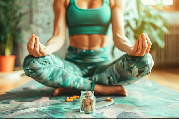 Un practicante de yoga equilibra sosteniendo suplementos de salud armonía entre el bienestar físico y mental