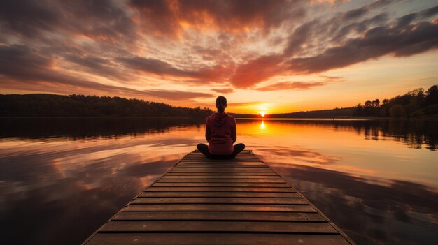 Foto practicante de yoga meditando durante una tranquila puesta de sol