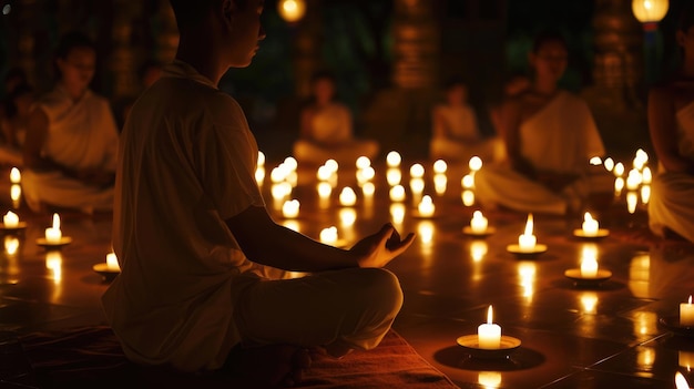 Los practicantes participan en la meditación a la luz de las velas durante Vesak