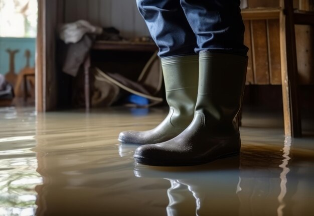 Prácticas botas de goma en una casa inundada Generar Ai