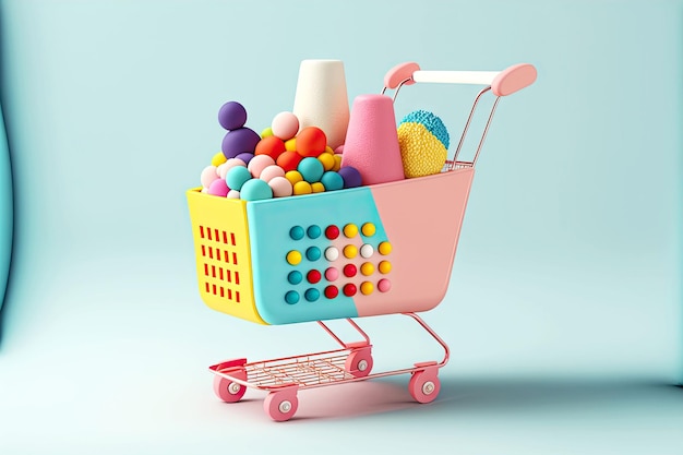 Práctico carrito de compras moderno con productos coloridos.