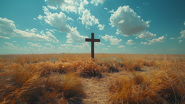 Una pradera azotada por el viento con papel tapiz de cruz solitaria