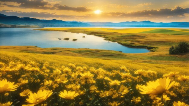 Pradera dorada junto al agua Un paisaje impresionante