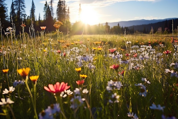 Pradera iluminada por el sol cubierta de flores silvestres