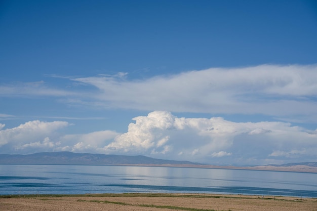 En la pradera junto al lago Qinghai hay un cielo azul y nubes blancas en el cielo