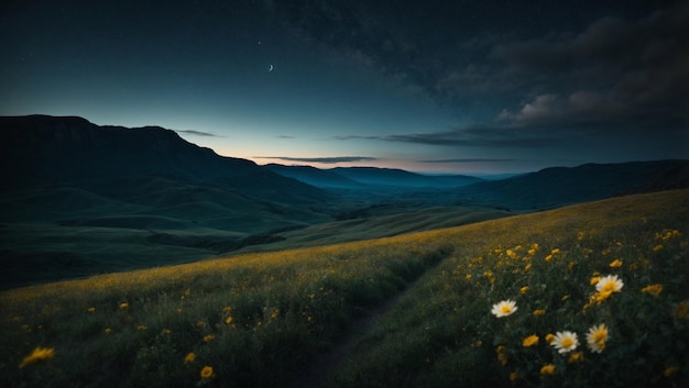 Pradera Bajo la Luz de la Luna con Campo de Hierba Alta