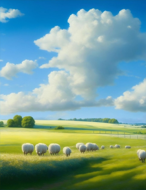 pradera rural ver cielo azul con nubes blancas y sol brillando en la ilustración de ovejas