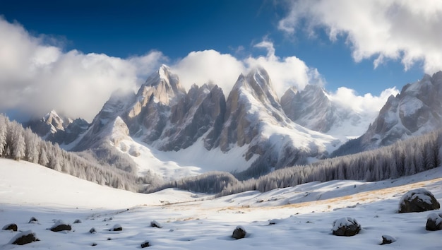 Foto un prado alpino cubierto de nieve fresca enmarcado por picos imponentes ia generativa