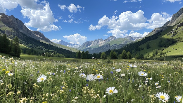 Prado alpino em plena floração com montanhas cobertas de neve à distância