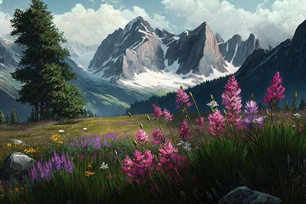 Prado alpino con flores silvestres en flor y una majestuosa cordillera al fondo