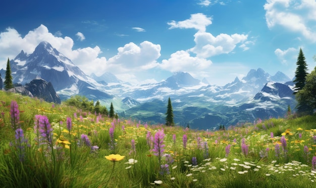 Prado alpino idílico cheio de flores silvestres coloridas com montanhas imponentes como pano de fundo Um cenário sereno perfeito para viagens na natureza e temas de bem-estar Criado com ferramentas de IA generativas