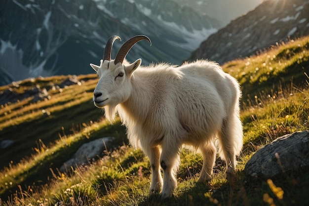 Prado alpino iluminado pelo sol com cabras de montanha