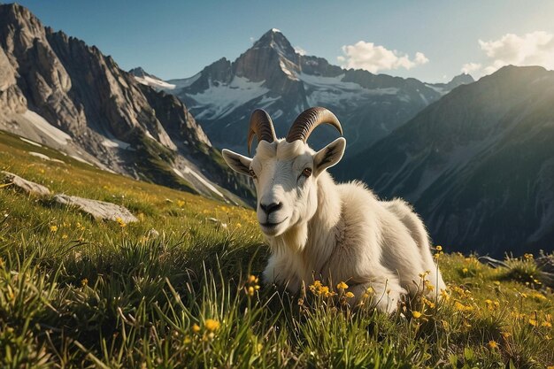 Prado alpino iluminado pelo sol com cabras de montanha