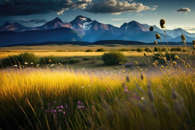 Foto prado cheio de altas gramíneas e flores silvestres com uma distante cordilheira de montanhas fornecendo