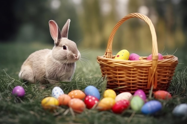 Prado con conejo y huevos de pascua en canasta