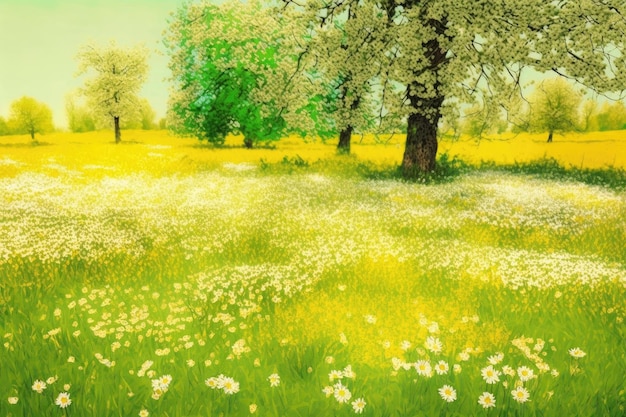 Prado cubierto de flores de color crema de mantequilla en el prado de flores en primavera creado con ai generativo